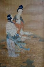 CHINE - XIXe. Encre et couleurs sur soie, représentant la...