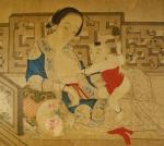 CHINE - Début XIXe. Encre et couleurs, femme allaitant. Haut....