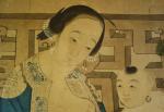 CHINE - Début XIXe. Encre et couleurs, femme allaitant. Haut....