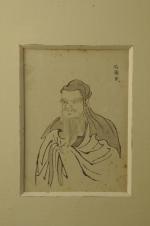 JAPON - XVIII-XIXe. Quatre DESSINS à l'encre sur papier, Daruma...