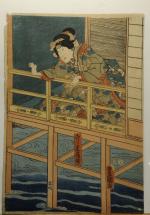 TOYOKUNI III (1786-1865). Estampe figurant une geisha. Partie de tryptique.36,5...