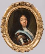 École FRANÇAISE vers 1690.Portrait de Louis XIV en armure.Toile ovale.Haut....