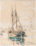 Paul SIGNAC (Paris, 1863 - 1935)Goélette à Saint-Tropez.. Aquarelle gouachée,...