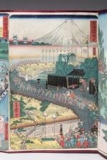 Rare ALBUM comprenant environ 200 ESTAMPES reliées,dont neuf triptyques Meiji...