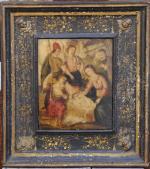 École FLAMANDE vers 1600.L'Adoration des Bergers.Albâtre.Haut. 12,2 Larg. 10 cm.Cadre...