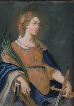 QUATRE PEINTURES sous VERRE :- Sainte Catherine d'Alexandrie. Peinture sous...