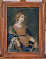 QUATRE PEINTURES sous VERRE :- Sainte Catherine d'Alexandrie. Peinture sous...