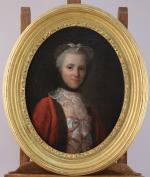 École FRANÇAISE du milieu du XVIIIe.Jeune femme en robe rouge...