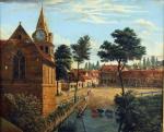 Arthémise WARMÉ (1818-1899)Place de village animée, une piscine à chevaux...