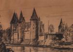 Maxime MAUFRA  (1851-1912)Vue du château de Josselin depuis l'Ouest.Fusain...