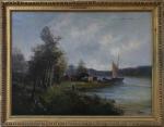 Émile GODCHAUX (1860-1938)Bateaux sur la rive d'un lac.Toile signée en...