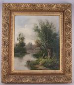 Edma MORISOT-PONTILLON (1839-1921)Bord de rivière. Paire de toiles signées. Haut....