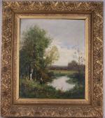 Edma MORISOT-PONTILLON (1839-1921)Bord de rivière. Paire de toiles signées. Haut....