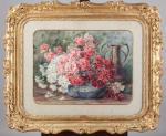 Geneviève PELLERIER (XIX-XXe)Bouquet de Dahlias - Bouquet d'illets.Paire d'aquarelles signées,...