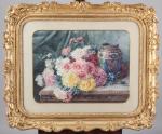 Geneviève PELLERIER (XIX-XXe)Bouquet de Dahlias - Bouquet d'illets.Paire d'aquarelles signées,...