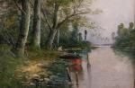 René RICARD  (1889-?)Paysage de rivière à la barque.Toile signée...