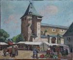 Robert DESSALES-QUENTIN (1885-1958)Jour de marché au pied de l'église fortifiée...