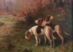 R. VALLEYTrois chiens de chasse dans un paysage.Toile signée "R....