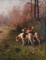 R. VALLEYTrois chiens de chasse dans un paysage.Toile signée "R....