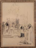 École FRANÇAISE du XIXe.Scène religieuse.Crayon.Haut. 10,5, Larg. 7,5 cm.