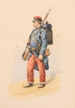 École FRANÇAISE du XIXe.Soldat du 50e régiment.Crayon et aquarelle monogrammé...