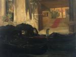 Raymond ALLEGRE (1857-1933)
Gondoles devant un palais à Venise.

Panneau signé en...