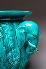 CACHE POT AUX ÉLÉPHANTSen céramique émaillée monochrome bleue turquoise métallisée...