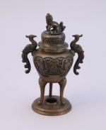CHINE - XXeBRÛLE-PARFUM tripode en bronze. Les anses figurent des...