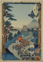 JAPONESTAMPE figurant l'entrée d'une armée dans l'enceinte fortifiée d'un château....