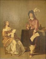 Attribué à Jan OLIS (vers 1610-1676)
Couple galant dans un intérieur

Panneau...