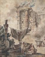 dans le goût d'Hubert ROBERT (1733-1808).Lavandières.Encre, lavis et aquarelle monogrammé...