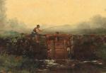Félix BRISSOT de WARVILLE  (1818-1892)Pêcheur devant une écluse.Huile sur...