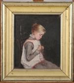Maria WIIK (1853-1928) Portrait d'enfant à la couture.Toile marouflée sur...
