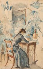 Maria WIIK (1853-1928) Au bureau, c. 1880Aquarelle.Haut. 28, Larg. 17,5...