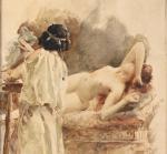 Antoine CALBET (1860-1944)Vestale nue posant devant une sculptrice Toile signée...