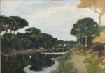 Émile-René MÉNARD (1861/62-1930)Paysage aux pins parasols en bord de rivière.Huile...