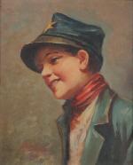 Abhate AZURO ?Portrait d'enfant à la casquette étoilée.Huile sur toile....