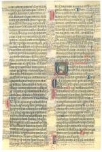 Feuillet abondamment glosé, 13éme siècle orné d'une initiale historiée à...