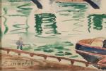 Élysée MACLET (Français, 1881-1962)Bateaux sur la Seine.Aquarelle signée en bas...