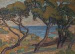 Léon DETROY (Français, 1857-1955) Pins en bord de mer. Pastel...