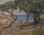 Léon DETROY (Français, 1857-1955) Pins en bord de mer. Pastel...