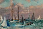André HAMBOURG (Français, 1909-1999)"Yachts à marée haute", Trouville, 1961Toile signée...