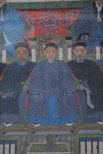 CHINE - XIXe s. PORTRAITS d'ancêtres, neuf personnages. Peinture sur...