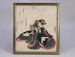 D'après Katsuchika HOKUUN (actif 1804-1844).SURIMONO, shikishiban femme jouant du tsutsumi....