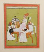 RAJASTHAN, JODHPUR - XIXe s.Portrait équestre d'un Raja et ses...