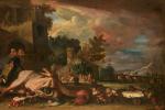 FAUSTINO BOCCHI (Brescia, 1659-1742) Les nains dépouillant un dindon Toile.Haut....